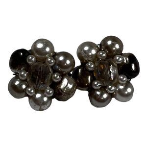 Vintage Clip On Earrings White Beaded Flower Made In Japan Women Costume Jewelry